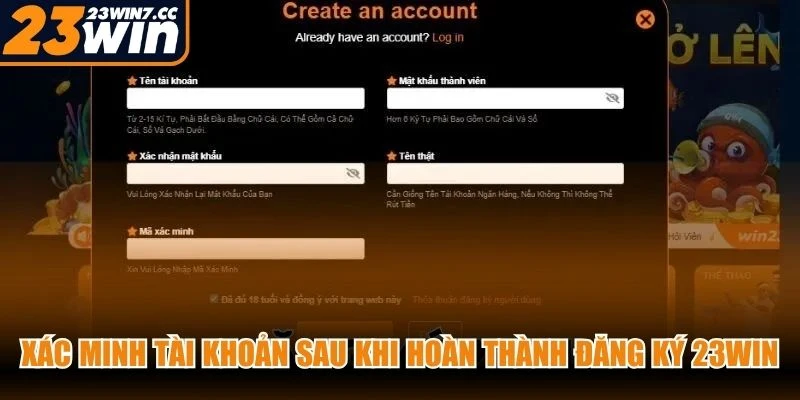 Xác minh tài khoản sau khi hoàn thành đăng ký 23WIN